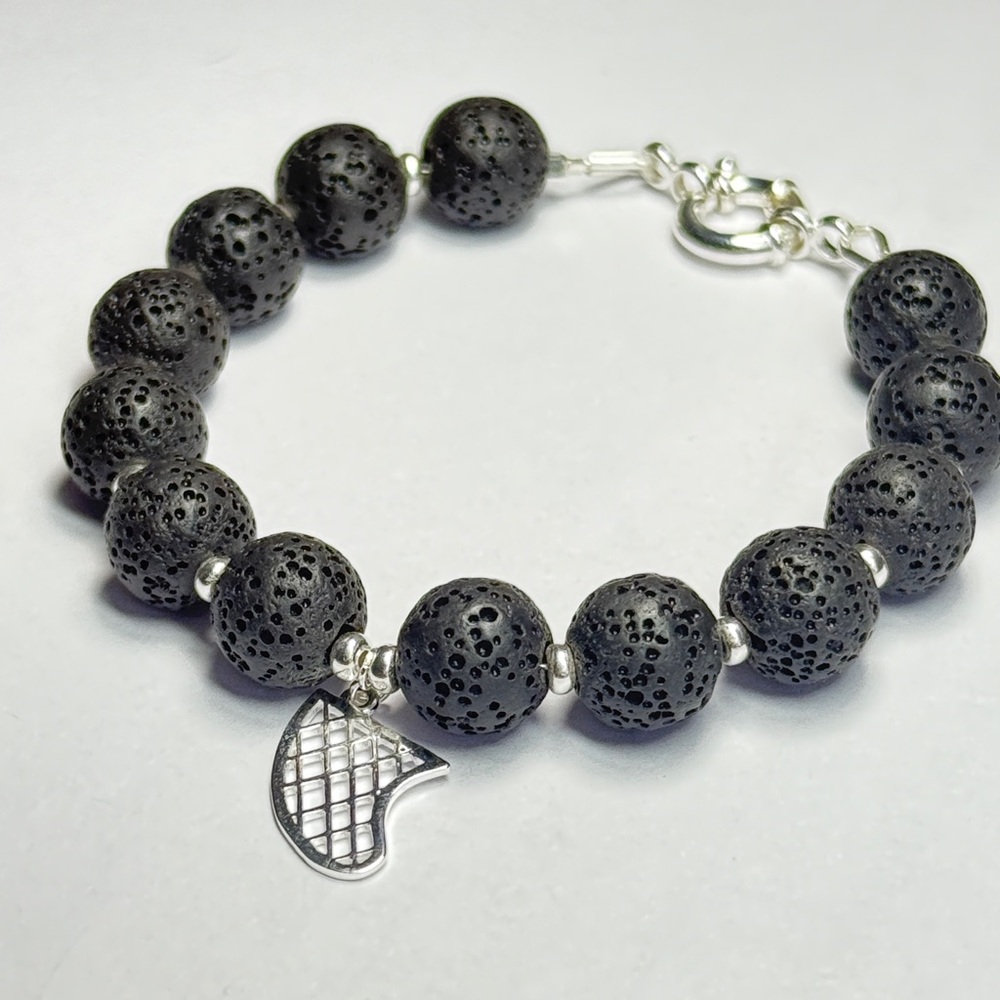 Black Lava stone bracelet with 925 Sterling Silver charm